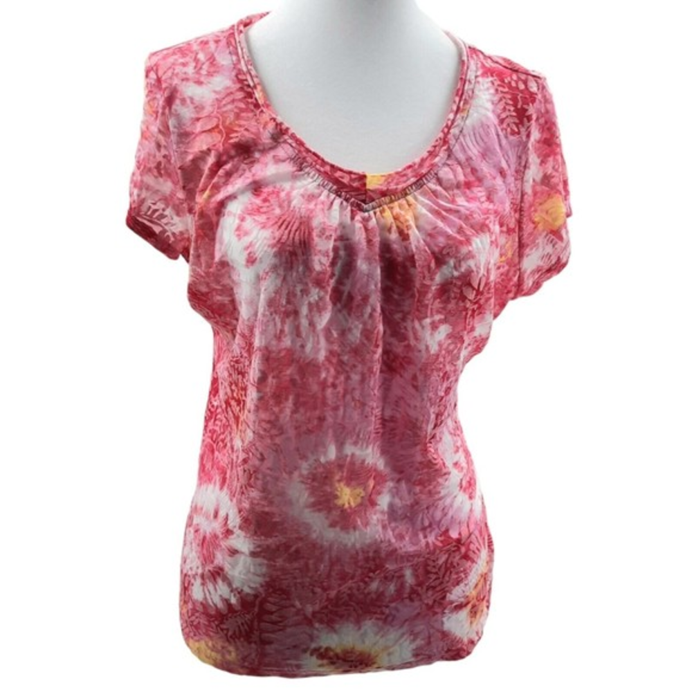 Relativity Womens‎ Large Petite Sheer Pink Floral Fairy Happy Double Scoop Neck